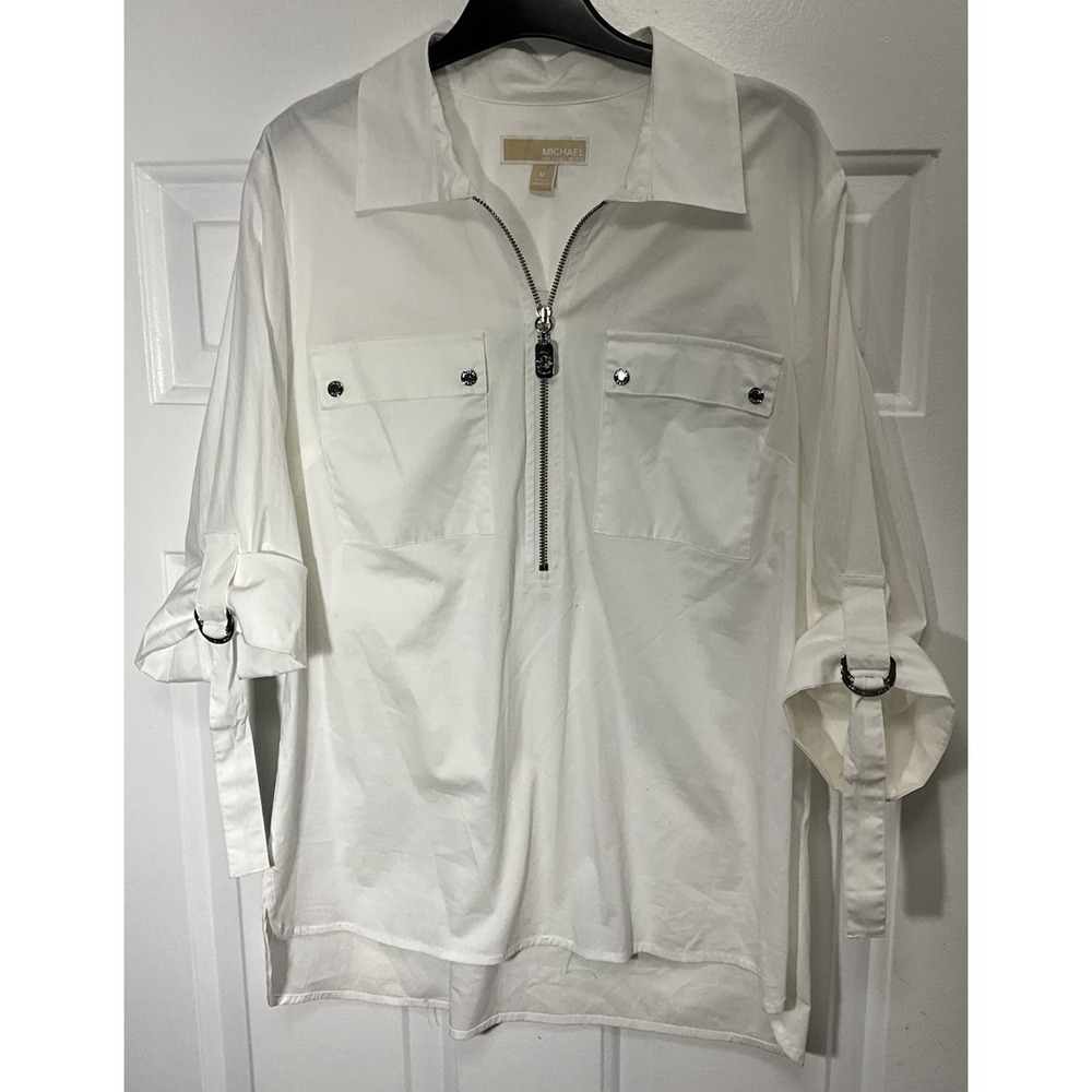 Michael Kors White 1/2 Zip Flip Cuff Sleeve Pockets Top/Blouse Women's Medium